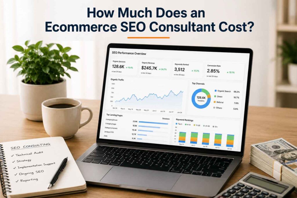 Ecommerce SEO consulting cost illustration showing SEO performance data, consulting services, and pricing factors on a desk.