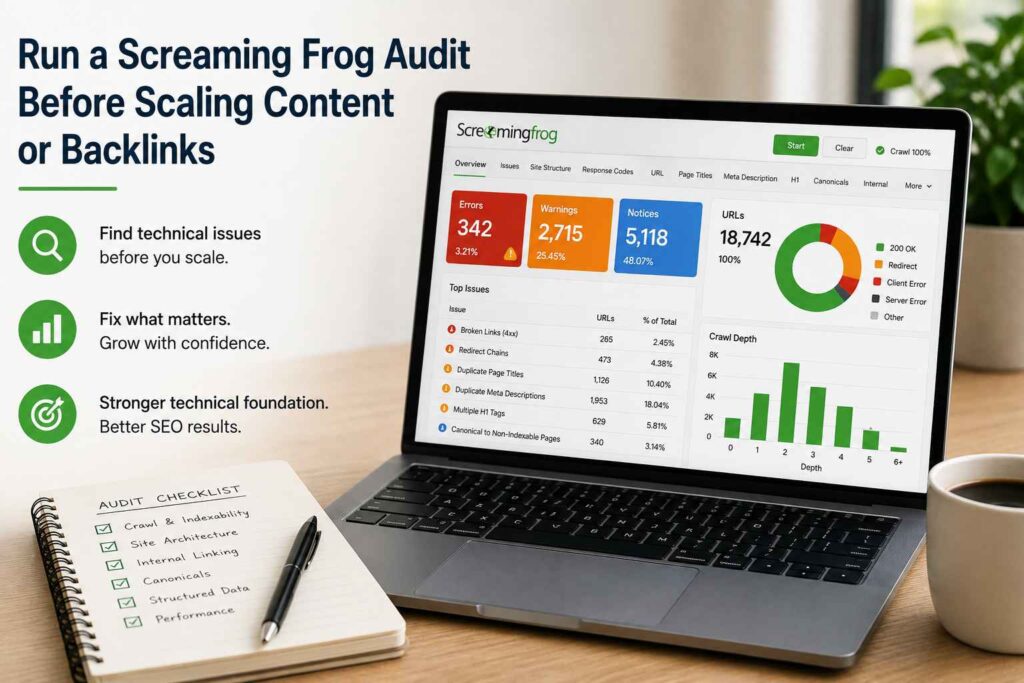 Screaming Frog ecommerce SEO audit showing technical errors, crawl issues, site structure data, and an SEO audit checklist.