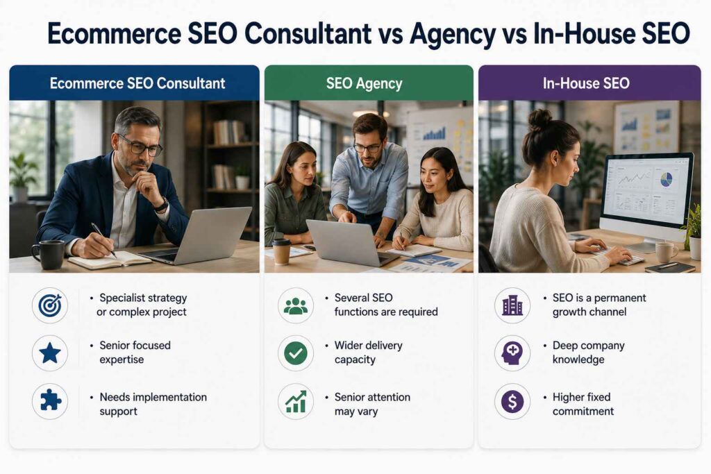 Comparison of an ecommerce SEO consultant, SEO agency, and in-house SEO team, highlighting their best fit, advantages, and limitations.