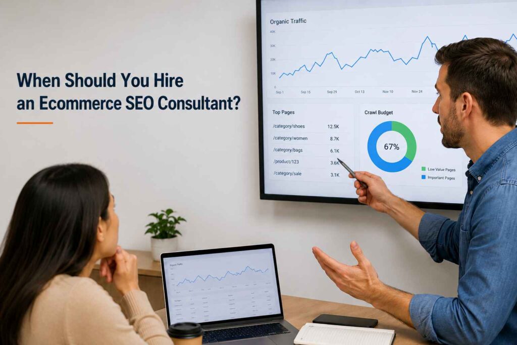 Ecommerce SEO consultant presenting organic traffic, top pages, and crawl budget data during a technical SEO review.