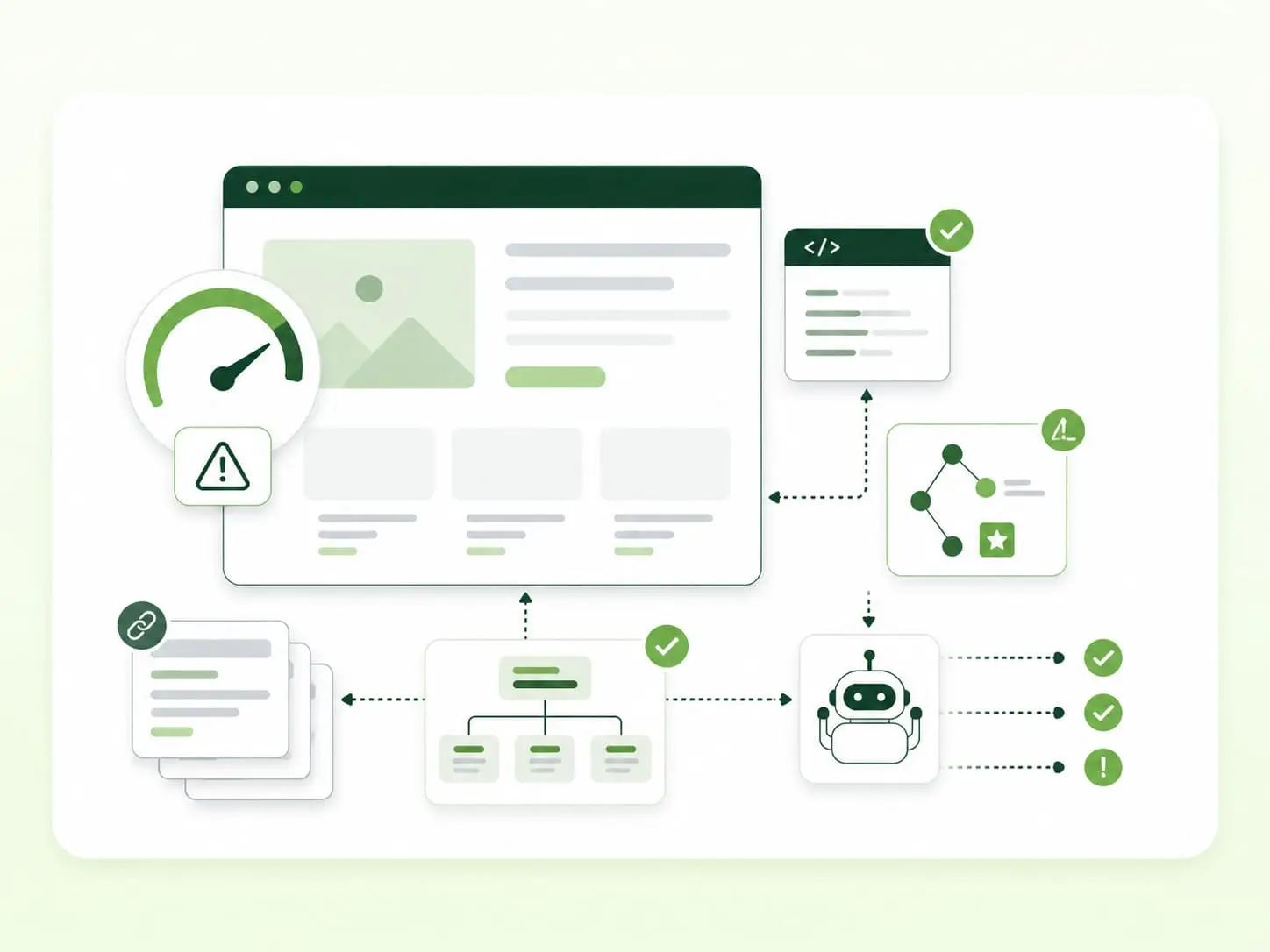 Technical SEO audit illustration showing website performance, code validation, structured data, internal linking, crawl paths, and issue checks for an ecommerce website.