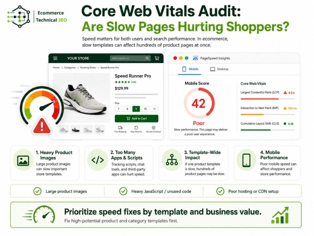 Ecommerce Core Web Vitals audit graphic showing a low PageSpeed score, slow product page, heavy scripts, images, and mobile speed issues.