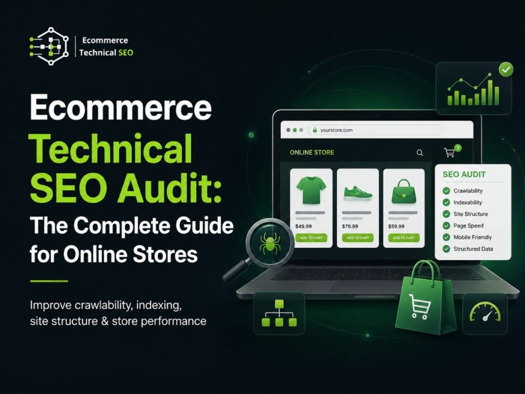 Ecommerce Technical SEO audit guide showing online store, SEO checklist, crawlability, indexing, speed, and structured data icons.