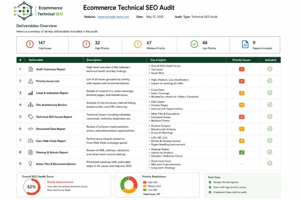 Realistic ecommerce technical SEO audit deliverables report showing priority issues, crawl reports, Core Web Vitals, schema, and roadmap.