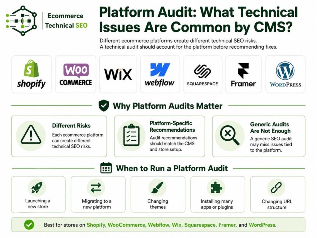 Platform audit infographic showing Shopify, WooCommerce, Wix, Webflow, Squarespace, Framer, and WordPress technical SEO risks.
