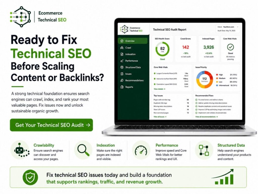 Infographic asking "Ready to Fix Technical SEO Before Scaling?" alongside a laptop showing a Technical SEO Audit Report dashboard with key metrics.