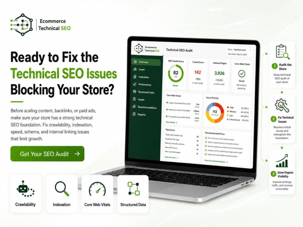 CTA banner showing Ecommerce Technical SEO dashboard on a laptop with crawlability, indexation, Core Web Vitals, and structured data fixes.