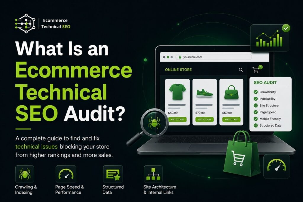 A dark-themed graphic with a laptop displaying a green online store interface, titled "What Is an Ecommerce Technical SEO Audit?".