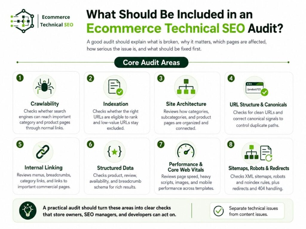 Infographic showing core ecommerce technical SEO audit areas including crawlability, indexation, architecture, canonicals, schema, and speed.