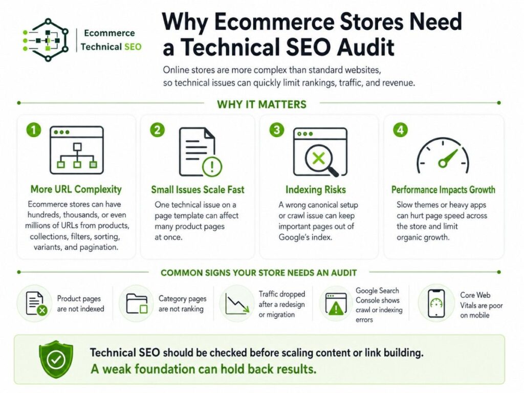 Infographic explaining why ecommerce stores need technical SEO audits for URL complexity, indexing risks, speed, and organic growth.