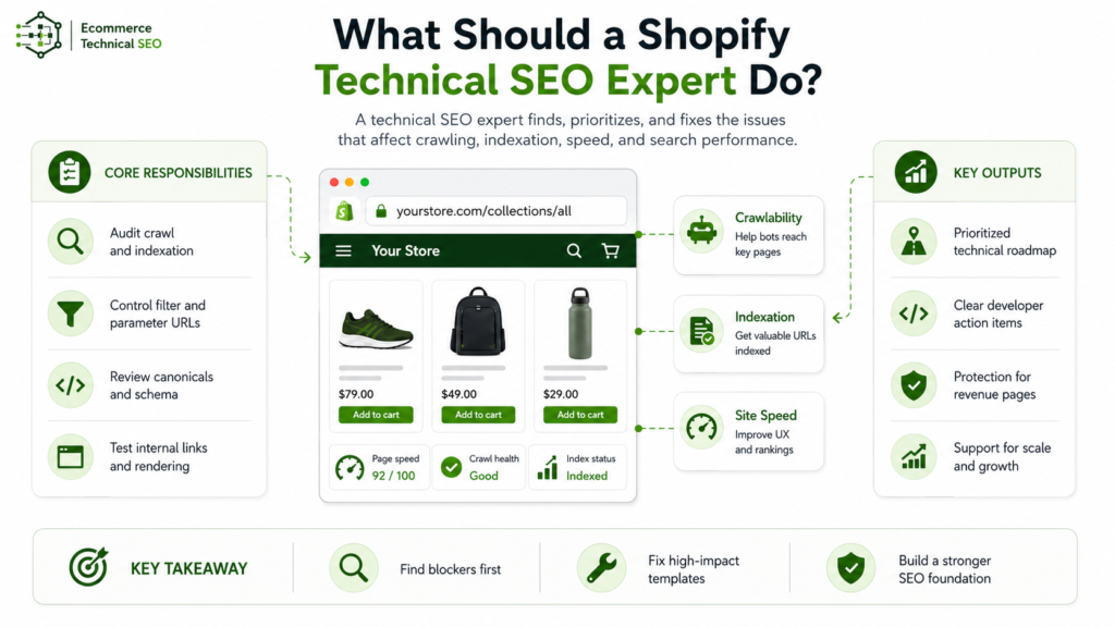 Infographic showing the core responsibilities and key outputs of a Shopify technical SEO expert, including crawl audits, URL parameter control, canonical and schema reviews, internal linking, indexation, site speed, and technical roadmaps.