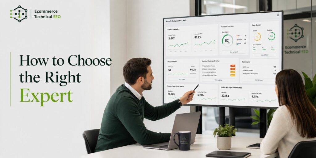 Show an ecommerce business owner or marketing manager interviewing a professional technical SEO specialist in a modern office. The SEO expert should appear confident, experienced, and approachable while presenting a Shopify technical SEO audit on a large monitor.