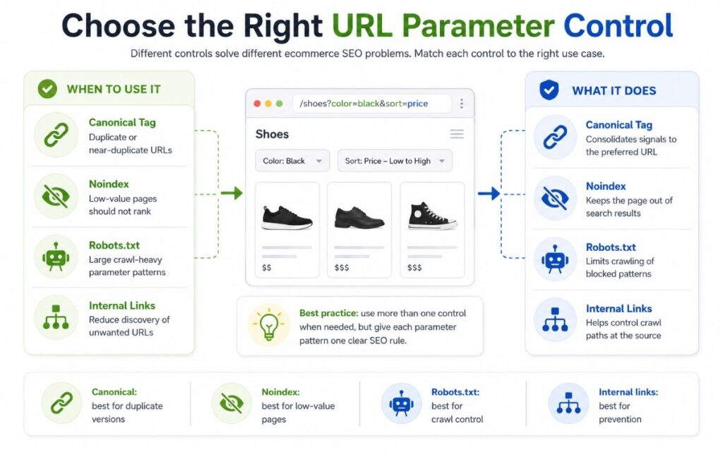 Infographic comparing canonical tags, noindex, robots.txt, and internal links for controlling ecommerce URL parameters.
