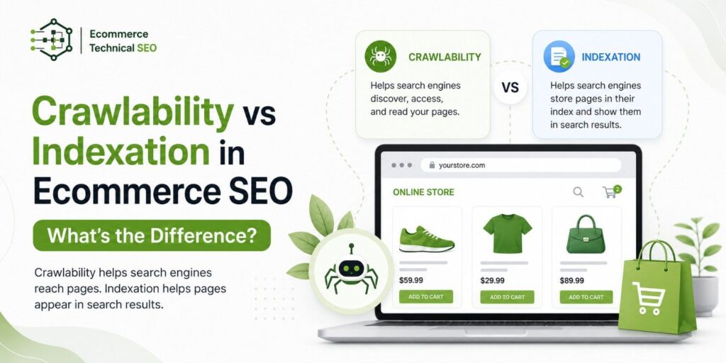 Crawlability vs indexation in ecommerce SEO, illustrated with a product store, search crawler, indexing card, and Ecommerce Technical SEO branding
