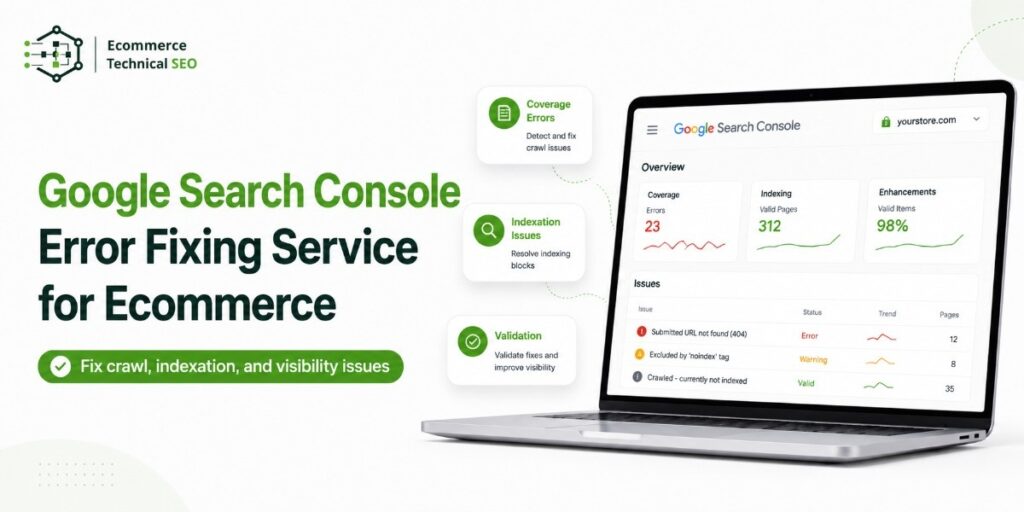 Google Search Console error fixing service for ecommerce, showing crawl, indexation, coverage, and validation issues on a technical SEO dashboard.