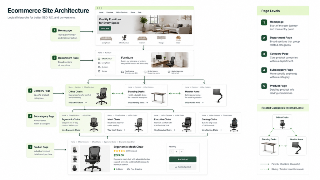 Ecommerce architecture from homepage to category and product pages