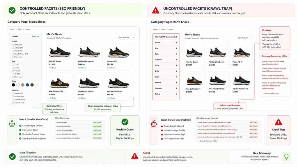 Controlled ecommerce filters compared with a faceted navigation crawl trap