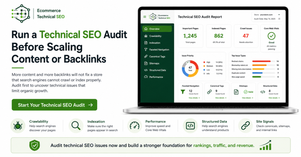 Technical SEO audit infographic showing crawlability, indexation, performance, structured data, and site signals before scaling content or backlinks.