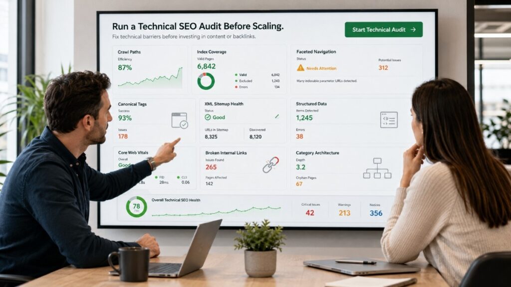 Technical SEO specialists reviewing an ecommerce audit dashboard before scaling.