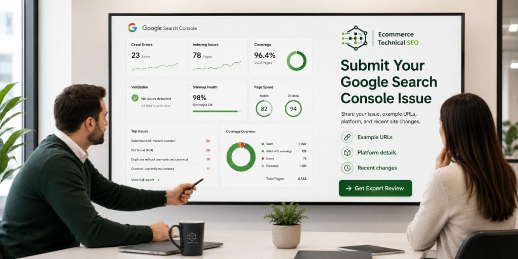 Ecommerce technical SEO specialists reviewing Google Search Console errors, indexing issues, page speed, and coverage before an expert issue submission.