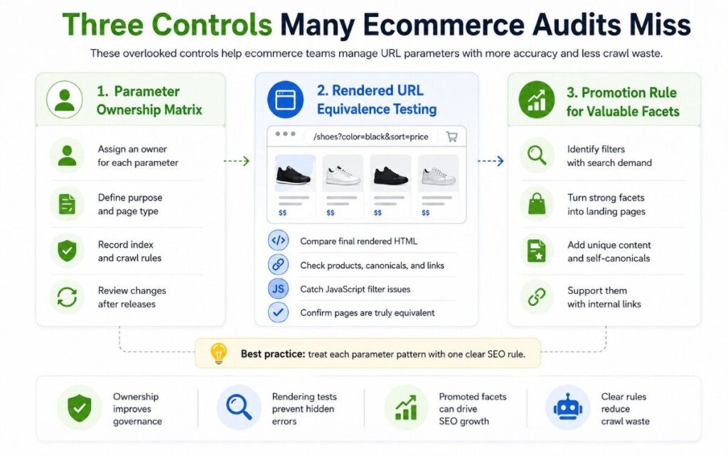 Infographic showing parameter ownership, rendered URL testing, and valuable facet promotion for ecommerce SEO audits.