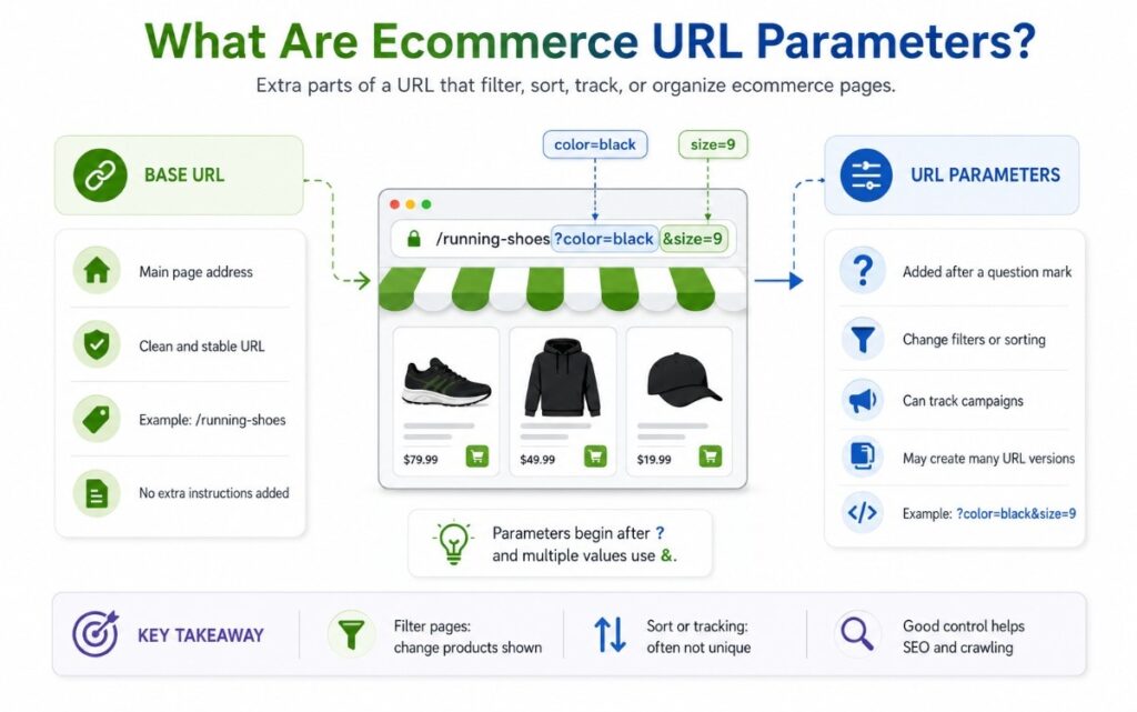 Infographic explaining ecommerce URL parameters using a base URL, filters, sorting, tracking, and a product page example.