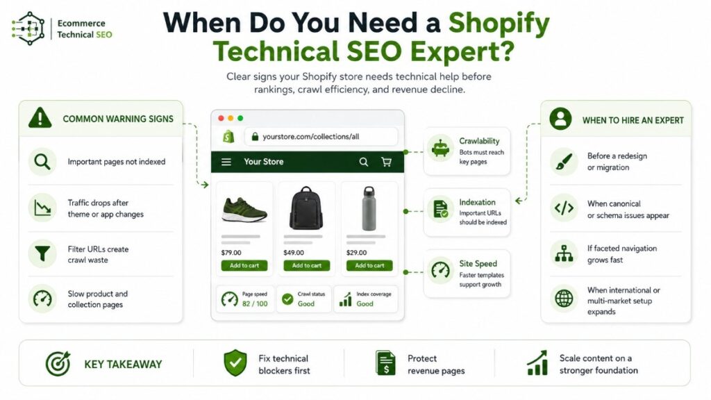 Infographic showing the core responsibilities and key outputs of a Shopify technical SEO expert, including crawl audits, URL parameter control, canonical and schema reviews, internal linking, indexation, site speed, and technical roadmaps.
