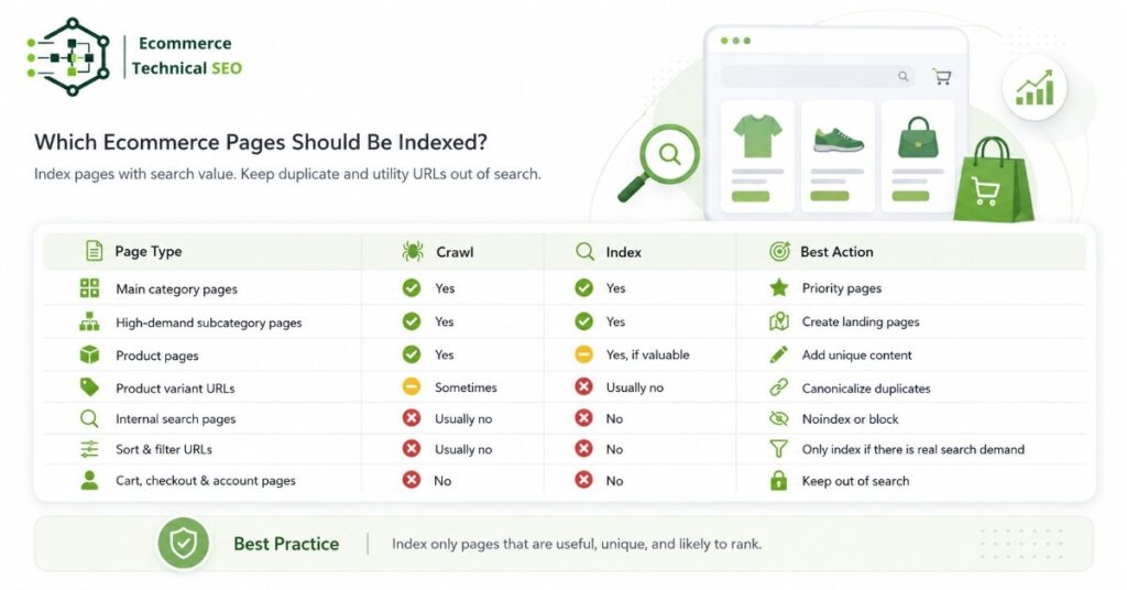 Infographic showing which ecommerce pages to index, crawl or keep out of search, with key SEO actions for categories, products, and utility URLs.