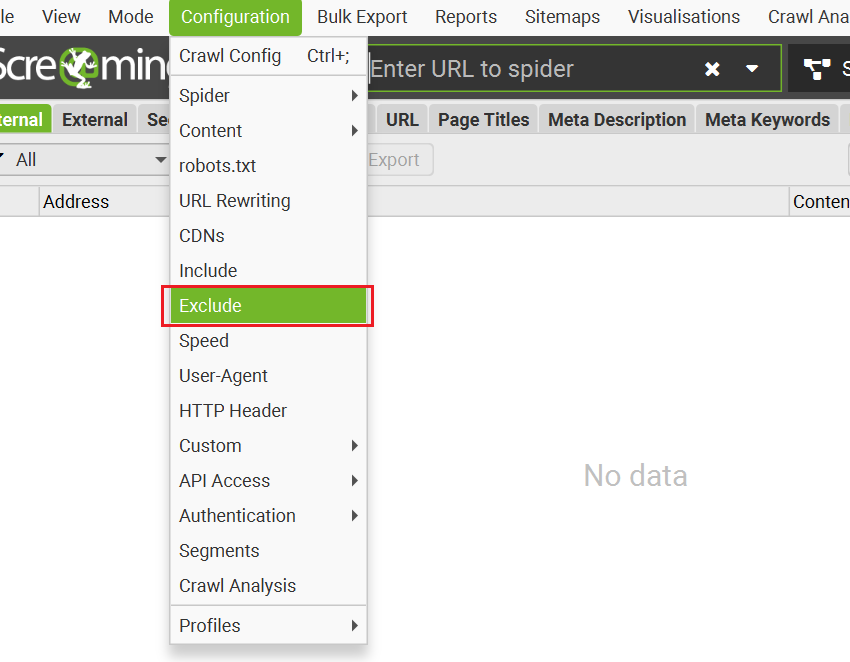 Screaming Frog crawl audit with the Exclude configuration selected. 
Audit Ecommerce Crawling
