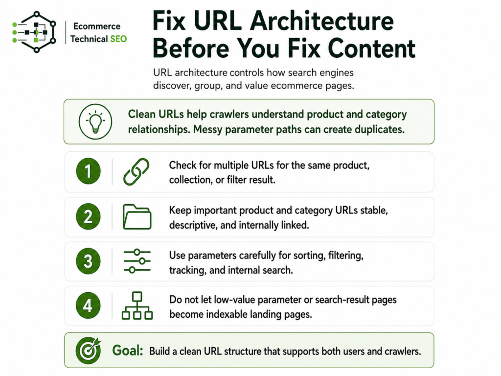 20-point ecommerce technical SEO audit checklist showing sections for crawl access, product pages, category pages, internal links, and speed.