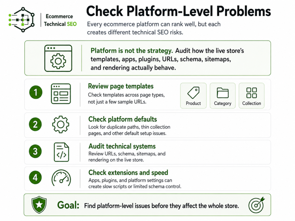 Ecommerce technical SEO graphic on platform-level problems, highlighting template review, platform defaults, technical systems, and speed checks.