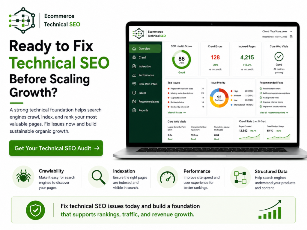 Technical SEO audit CTA graphic with dashboard laptop, crawlability, indexation, performance, structured data, and growth icons