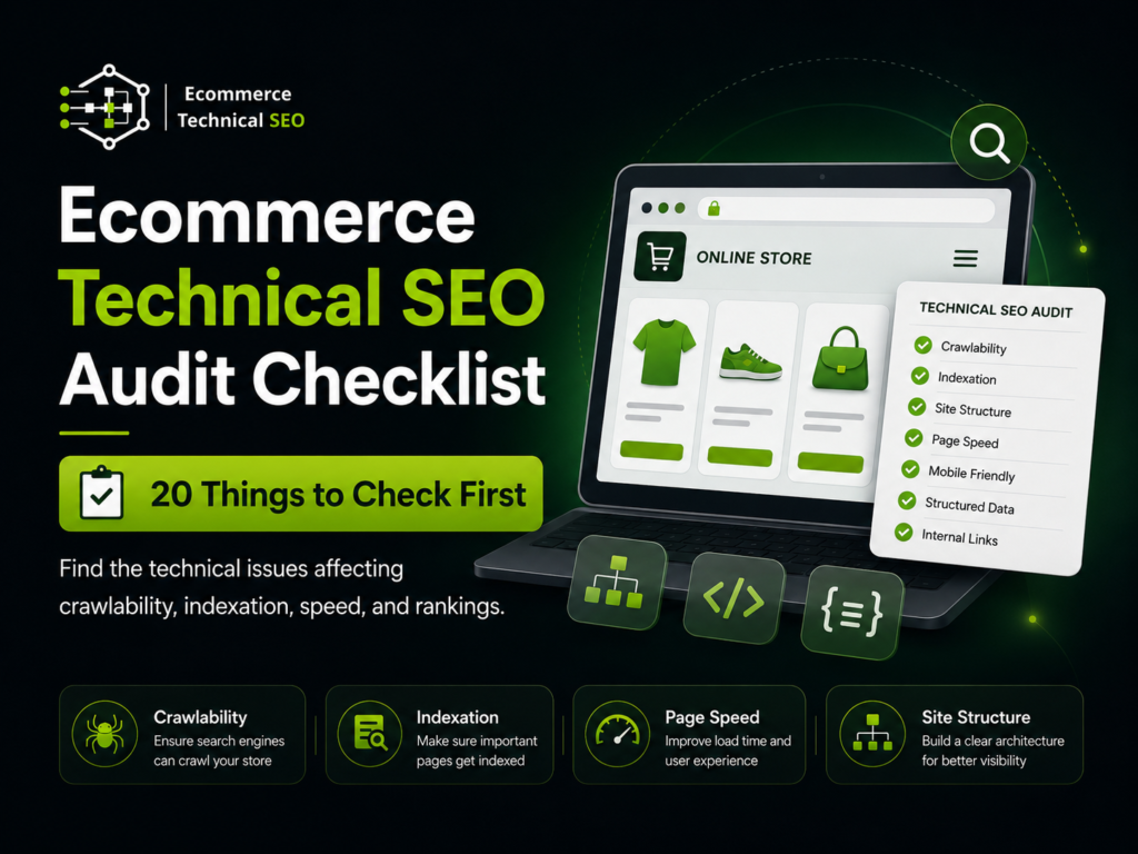 Ecommerce technical SEO audit checklist graphic showing laptop store, audit tasks, icons for crawlability, indexation, speed, and site structure.