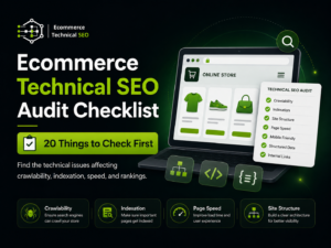 Ecommerce technical SEO audit checklist graphic showing laptop store, audit tasks, icons for crawlability, indexation, speed, and site structure.