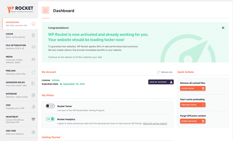 wp rocket dashboard
