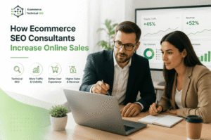 Ecommerce SEO consultants analyzing online sales strategies with website performance charts and growth metrics on a laptop screen.