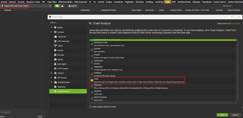 Audit Internal Linking and Crawl Depth in screaming frog