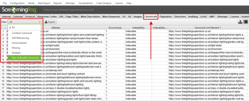 Check Canonical Tags in screaming frog