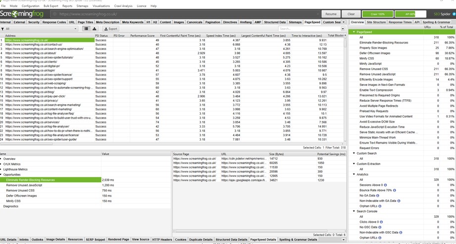 Connect PageSpeed Insights in screaming frog audit