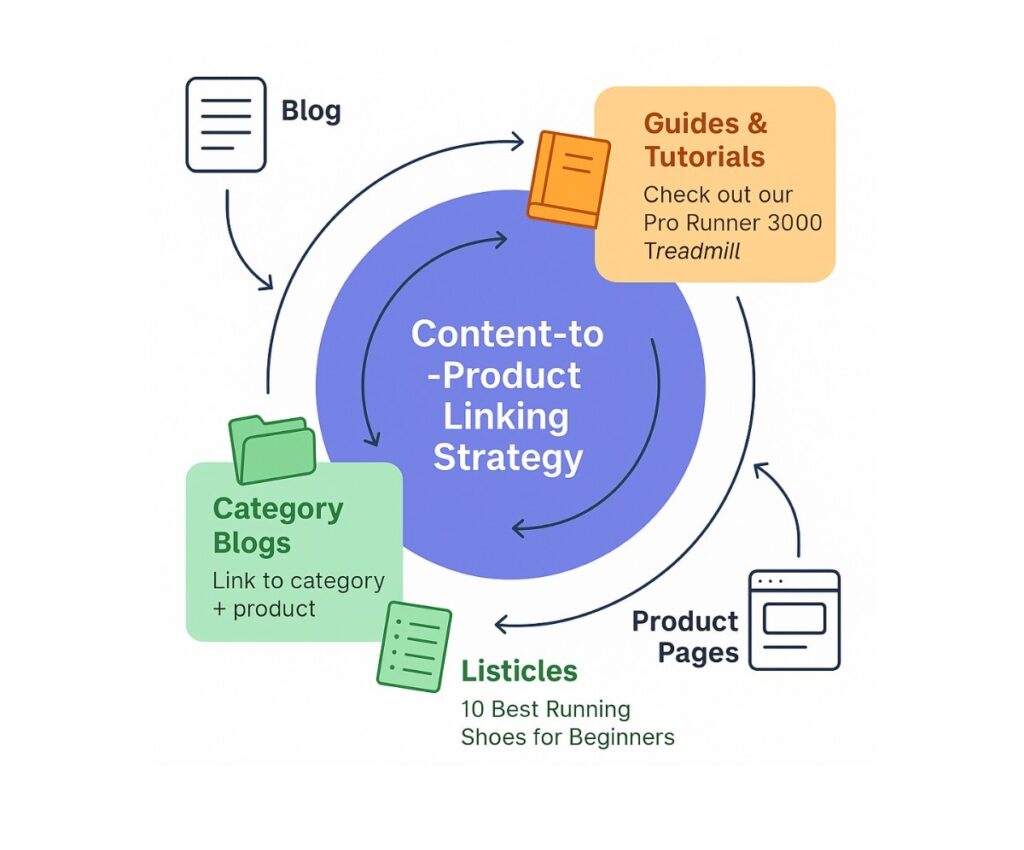 Content-to-product linking strategy for ecommerce SEO.