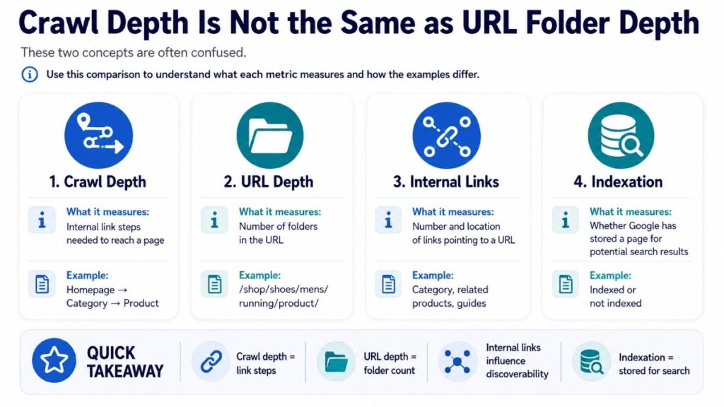 Infographic comparing crawl depth, URL folder depth, internal links, and indexation.