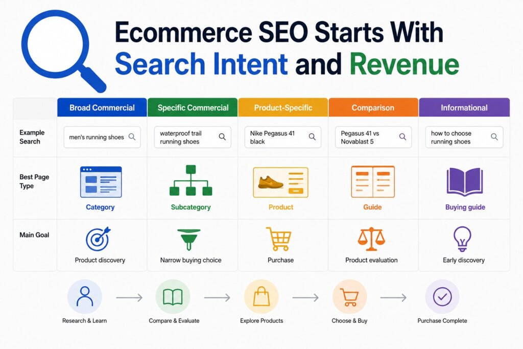 Ecommerce SEO search intent framework showing different keyword types, page types, and buyer journey stages from research to purchase.