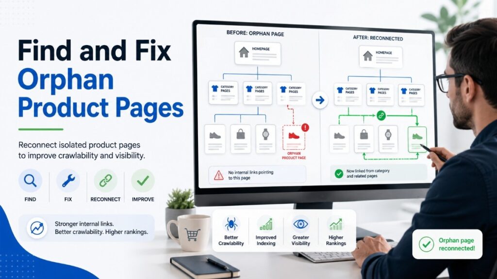 SEO expert reconnecting orphan ecommerce product pages to improve crawlability.