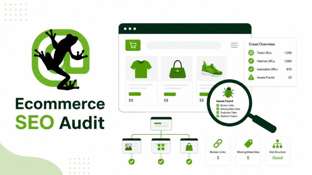 Screaming Frog ecommerce SEO audit graphic showing an online store crawl overview, technical issues, broken links, missing metadata, site structure, and audit results.