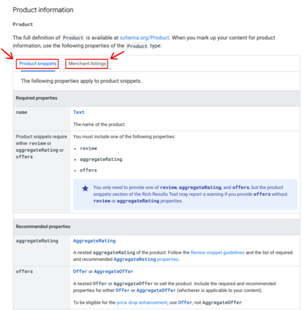 Screenshot titled “Add Product Structured Data Correctly” showing Google’s Product structured data documentation. Red arrows highlight the “Product snippets” and “Merchant listings” tabs, while the page lists required and recommended properties such as name, review, aggregate rating, and offers.