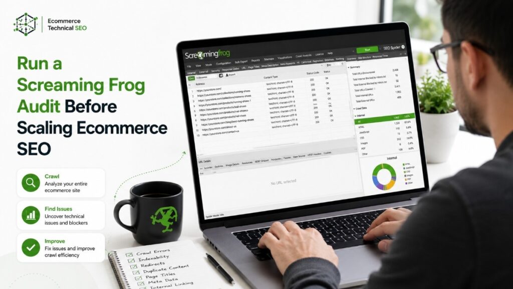 SEO expert running a Screaming Frog audit on an ecommerce website.