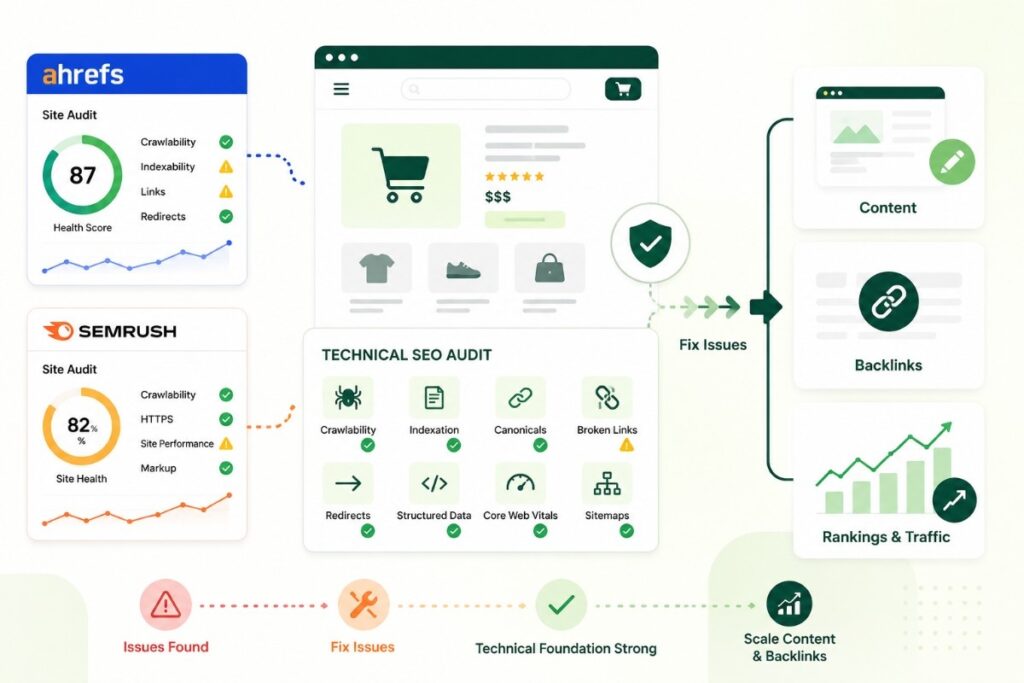 Ahrefs and Semrush technical SEO audit infographic showing crawlability, indexation, canonicals, broken links, Core Web Vitals, and fixes before scaling content and backlinks.