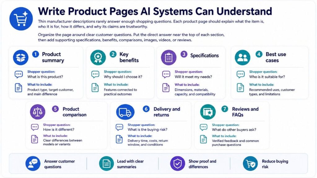 Infographic titled “Write Product Pages AI Systems Can Understand,” presenting seven essential product-page sections: product summary, key benefits, specifications, best use cases, product comparison, delivery and returns, and reviews and FAQs. Each section pairs a shopper question with the information to include, emphasizing clear answers, trustworthy proof, meaningful differences, and reduced buying risk.