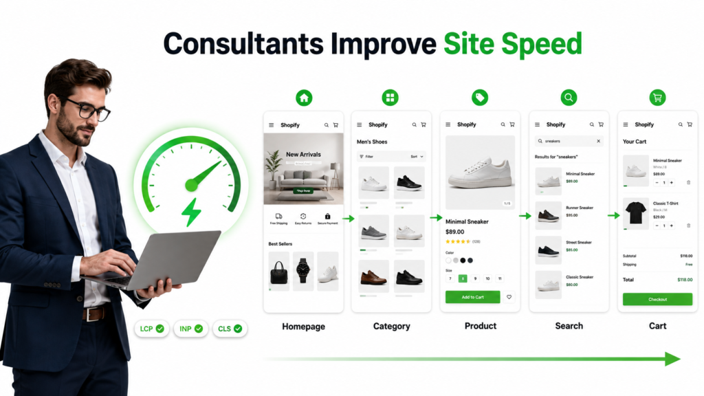 Ecommerce SEO consultant improving website speed with performance optimization across homepage, category, product, search, and cart pages to enhance shopping experience.