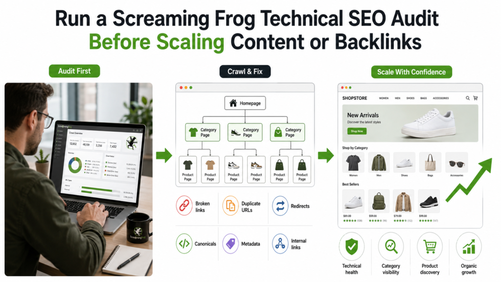 Screaming Frog technical SEO audit process showing website crawling, issue detection, broken links, duplicate URLs, redirects, metadata checks, and ecommerce SEO growth improvements.